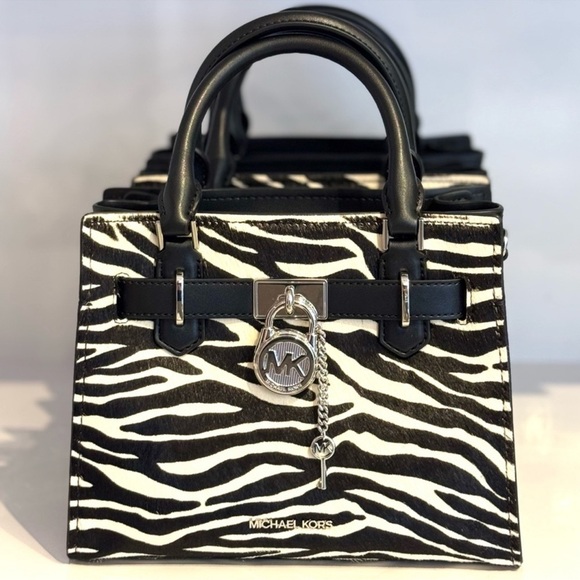 Michael Kors Hamilton Small Zebra Print Calf Hair Satchel Bag Black Multi - Picture 4 of 9